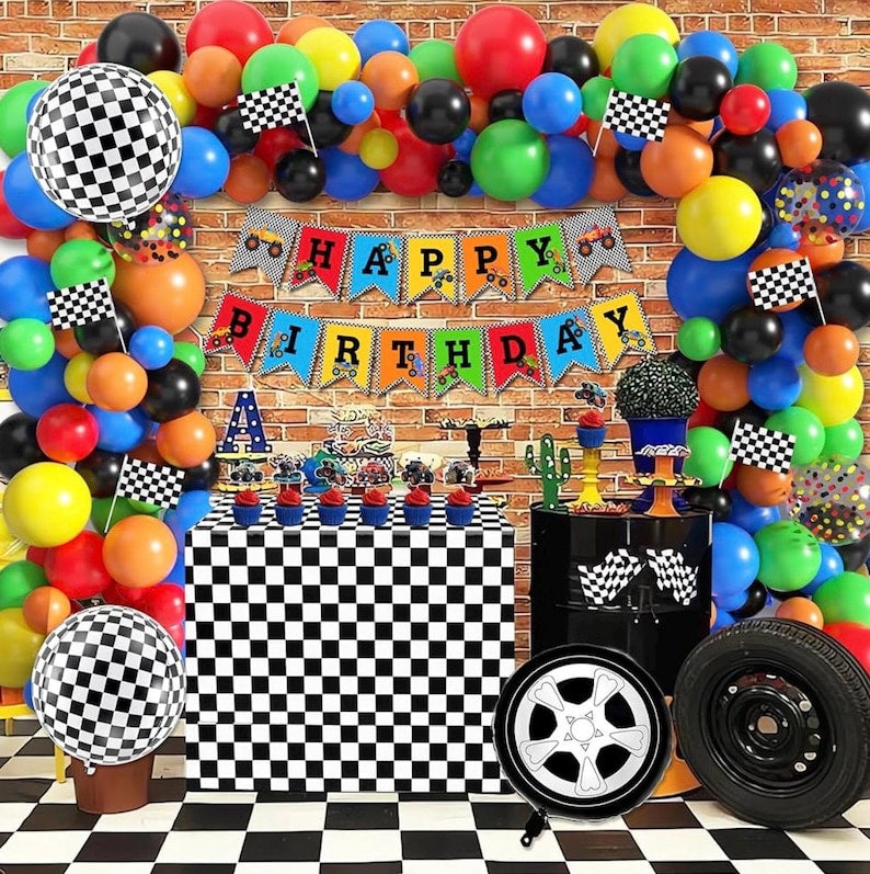 Truck Birthday Party Supplies Truck Theme Party Decorations, 99 Pcs(Backdrop Tablecloth Banner Triangle Bunting Cake Toppers Foil Balloons