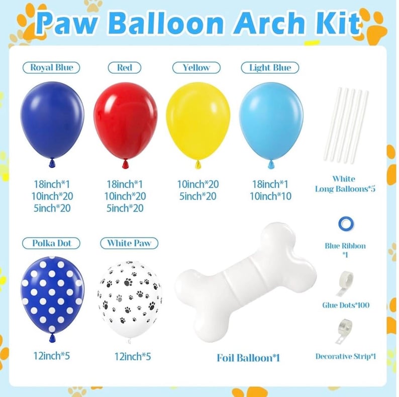 152pcs Paw Print Balloons Garland Arch Kit - Paw Themed Dog Bone Foil Balloons in Royal Blue, Yellow, Red for Baby Shower