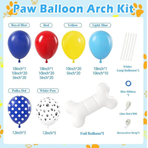 152pcs Paw Print Balloons Garland Arch Kit - Paw Themed Dog Bone Foil Balloons in Royal Blue, Yellow, Red for Baby Shower