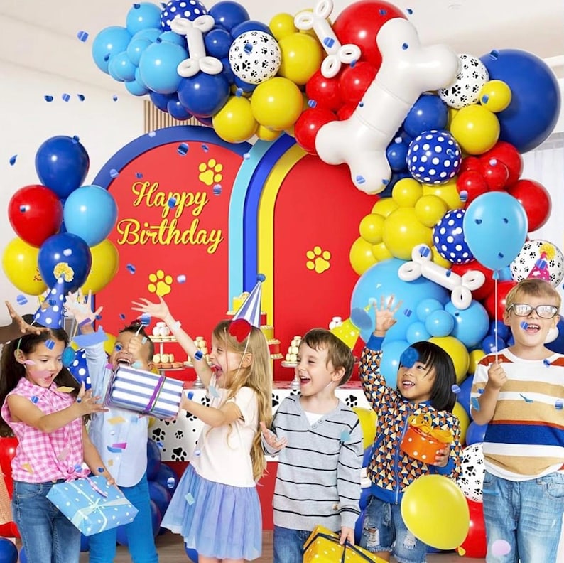 152pcs Paw Print Balloons Garland Arch Kit - Paw Themed Dog Bone Foil Balloons in Royal Blue, Yellow, Red for Baby Shower