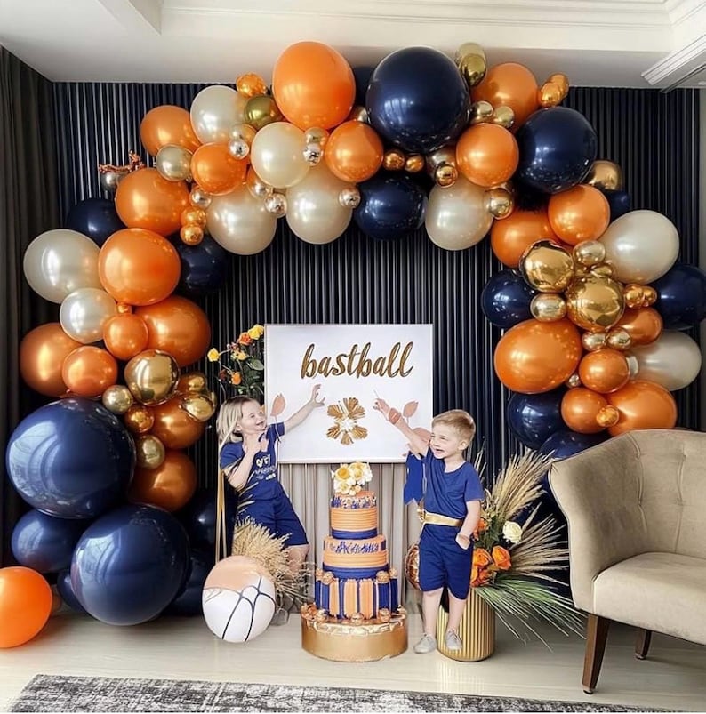 Navy Blue Orange Balloon Garland Double Stuffed Dark Blue Burnt Orange White Sand Pearl Gold Balloon Arch Kit for Birthday Baby Shower