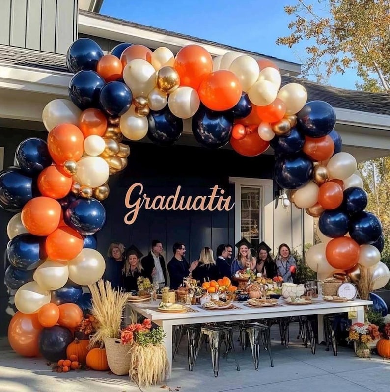 Navy Blue Orange Balloon Garland Double Stuffed Dark Blue Burnt Orange White Sand Pearl Gold Balloon Arch Kit for Birthday Baby Shower