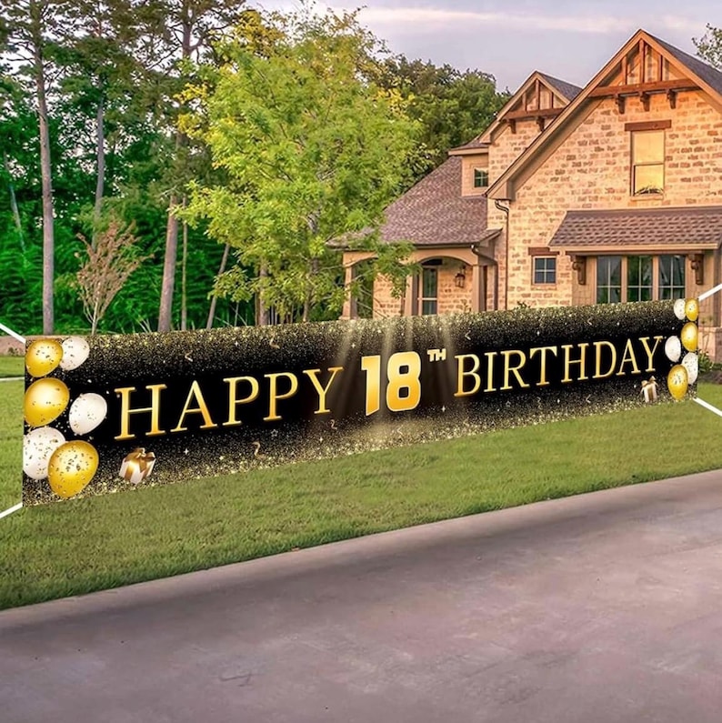 Black & Gold Happy 18th Birthday Banner Decorations  Extra Large Reusable Yard Sign for Boys, Girls ,Men, Coming of Age Indoor Outdoor Decor