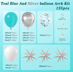 Teal Silver White Balloon Garland Arch Kit ,White Metallic Silver Teal Balloons 125pcs for Wedding Engagement Anniversary Bridal Baby Shower