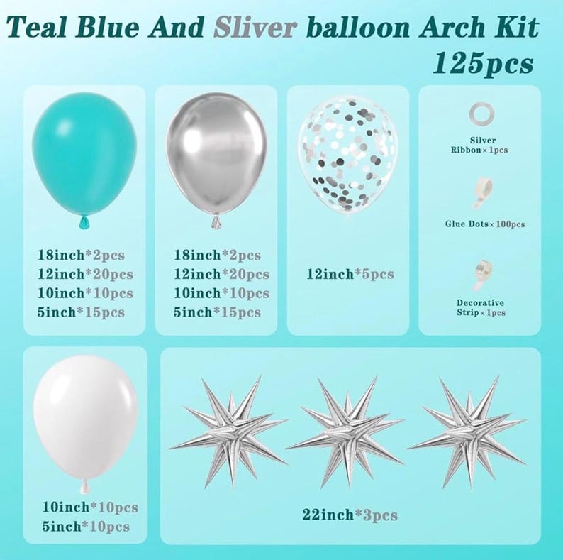 Teal Silver White Balloon Garland Arch Kit ,White Metallic Silver Teal Balloons 125pcs for Wedding Engagement Anniversary Bridal Baby Shower