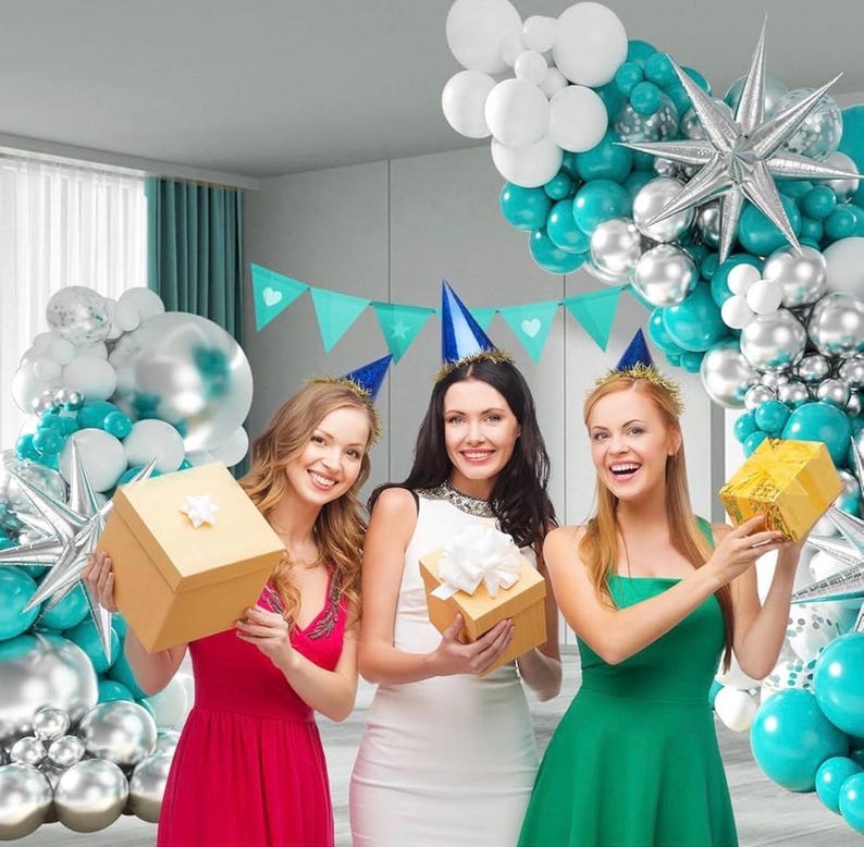 Teal Silver White Balloon Garland Arch Kit ,White Metallic Silver Teal Balloons 125pcs for Wedding Engagement Anniversary Bridal Baby Shower