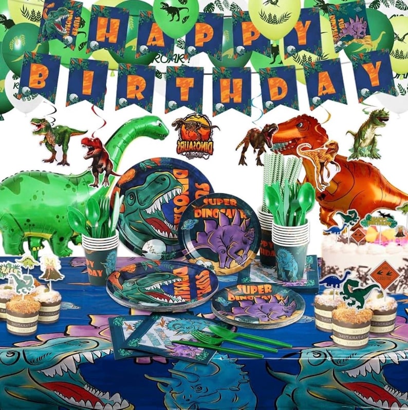 Dinosaur Birthday Party Supplies Kit For Boys, Dinosaur Party Decorations-20 Guest-Include Dino Plates Cups Napkins Banner Cutlery Balloon