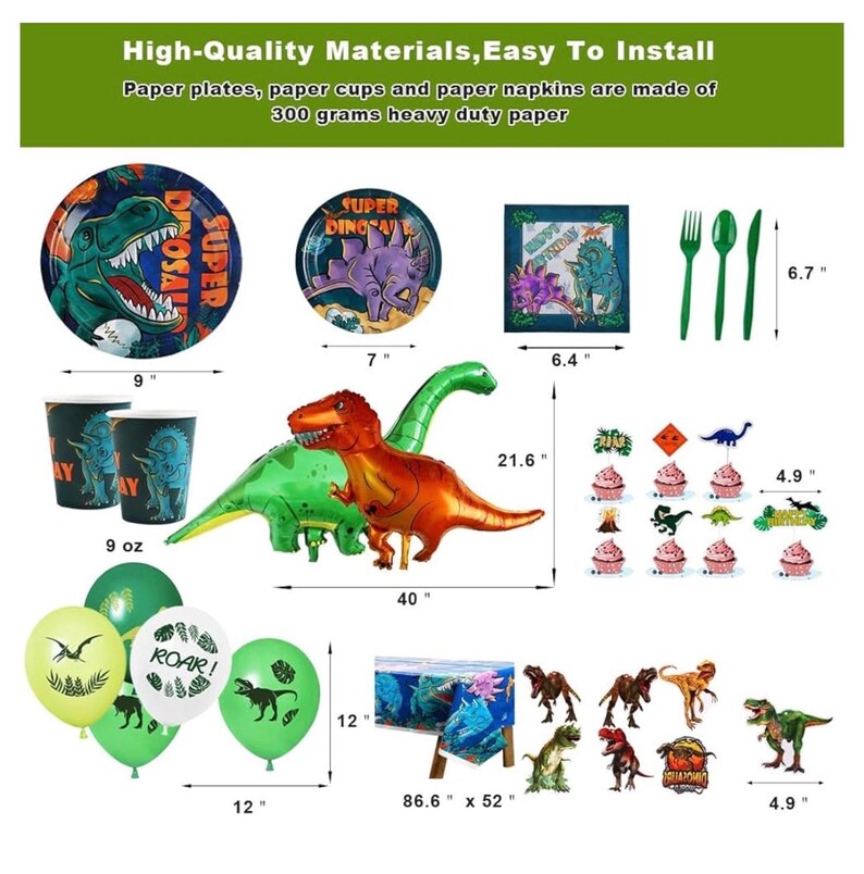 Dinosaur Birthday Party Supplies Kit For Boys, Dinosaur Party Decorations-20 Guest-Include Dino Plates Cups Napkins Banner Cutlery Balloon