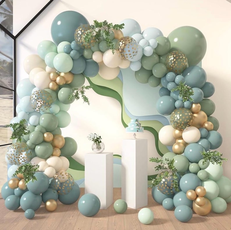 170Pcs Dusty Blue Green Balloon Garland Arch Kit Haze Fog Blue Ash Mist Sage Green Sand White Gold Confetti Balloons for Baby Shower Wedding