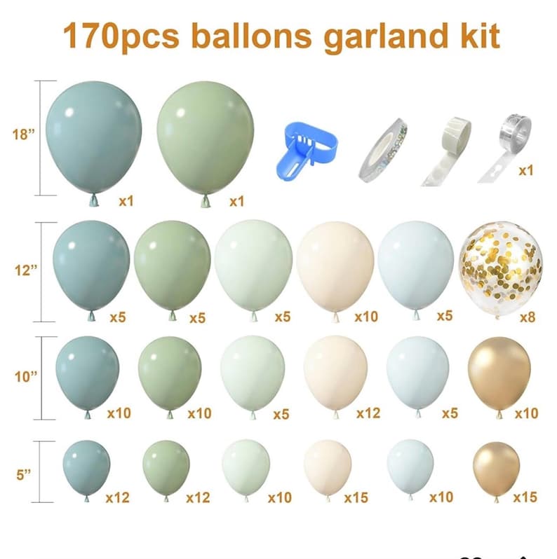 170Pcs Dusty Blue Green Balloon Garland Arch Kit Haze Fog Blue Ash Mist Sage Green Sand White Gold Confetti Balloons for Baby Shower Wedding