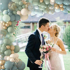 170Pcs Dusty Blue Green Balloon Garland Arch Kit Haze Fog Blue Ash Mist Sage Green Sand White Gold Confetti Balloons for Baby Shower Wedding