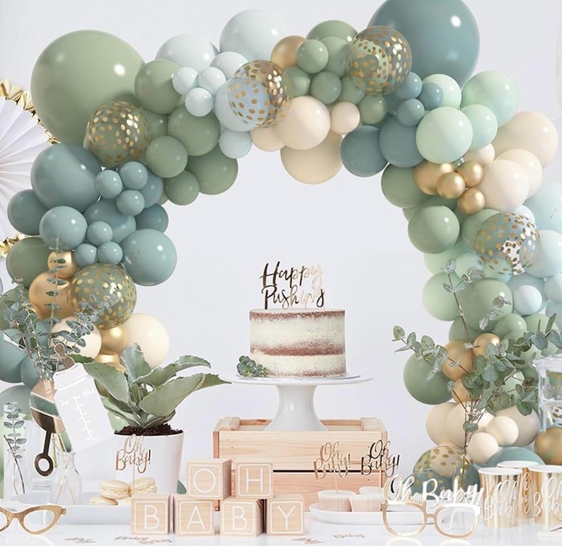 170Pcs Dusty Blue Green Balloon Garland Arch Kit Haze Fog Blue Ash Mist Sage Green Sand White Gold Confetti Balloons for Baby Shower Wedding