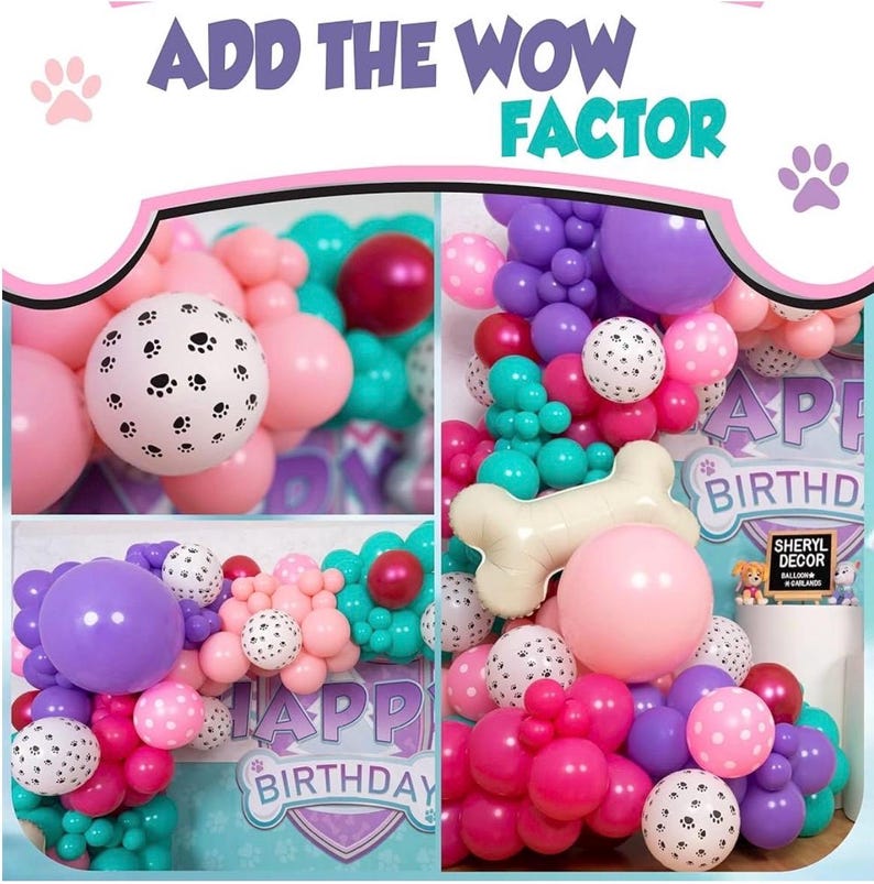 147Pcs Paw Balloons Garland Arch Kit with Dog Paw Print Balloons Pink Purple Turquoise Confetti Balloon for Girls Puppy Themed Birthday Baby