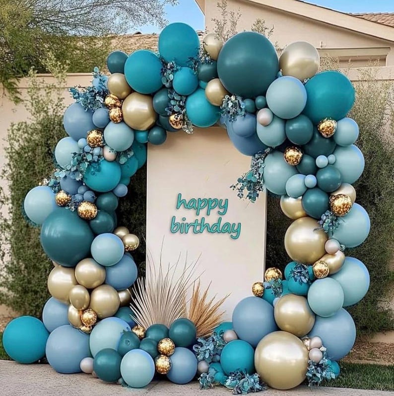 Teal Blue Gold Balloons - Double Stuffed Latex Dusty Fog Blue Balloon Arch Different Sizes Metallic Gold Balloon Garland For Graduation