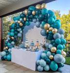 Teal Blue Gold Balloons - Double Stuffed Latex Dusty Fog Blue Balloon Arch Different Sizes Metallic Gold Balloon Garland For Graduation