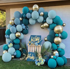Teal Blue Gold Balloons - Double Stuffed Latex Dusty Fog Blue Balloon Arch Different Sizes Metallic Gold Balloon Garland For Graduation