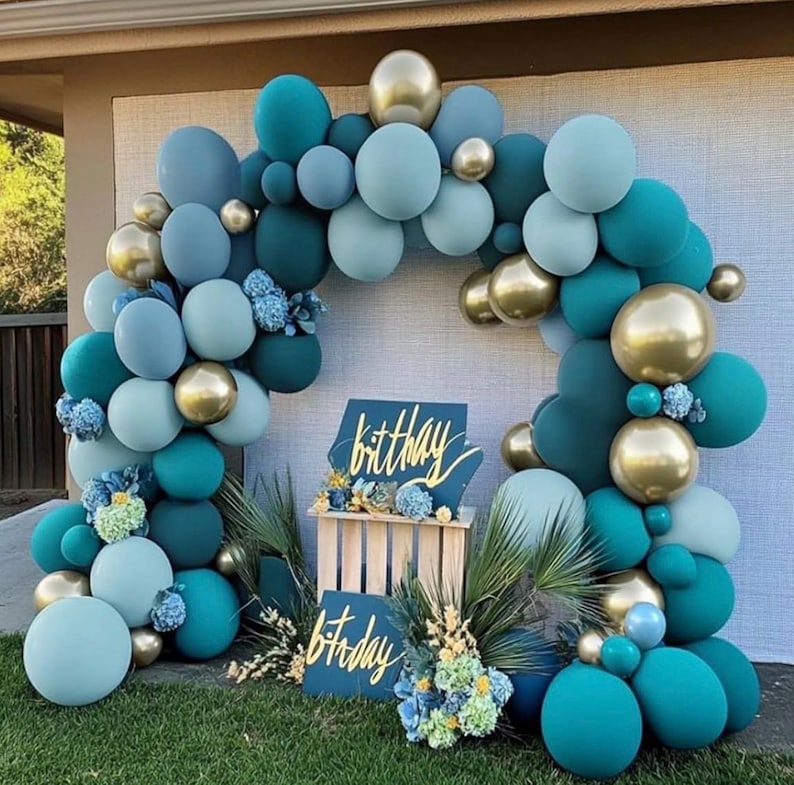 Teal Blue Gold Balloons - Double Stuffed Latex Dusty Fog Blue Balloon Arch Different Sizes Metallic Gold Balloon Garland For Graduation