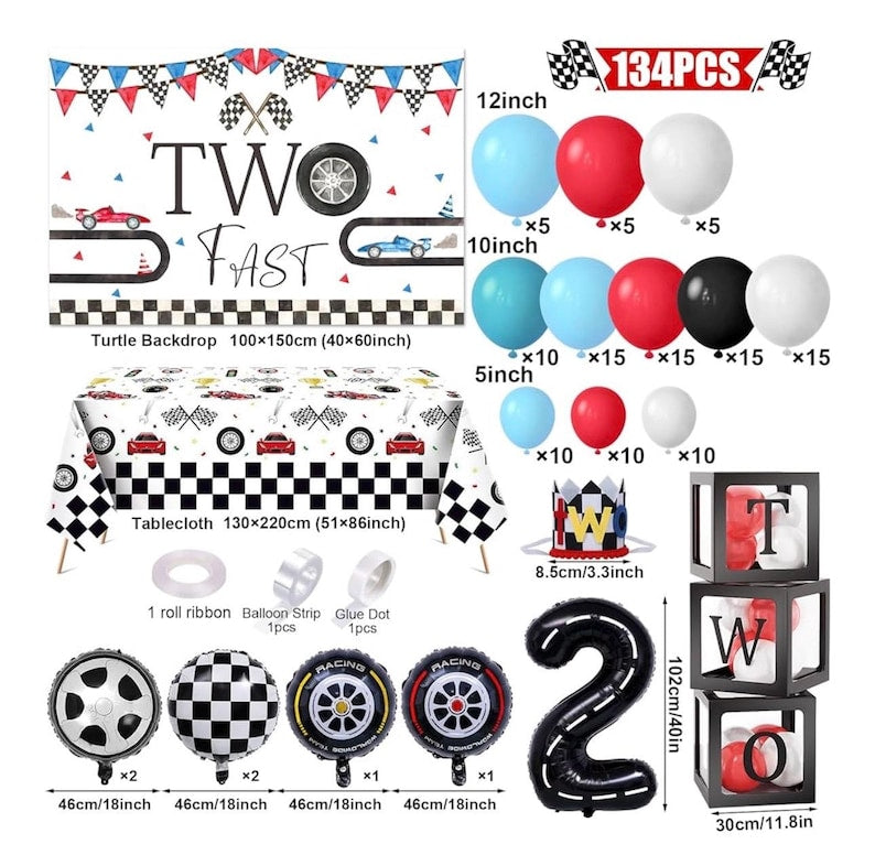 Two Fast Birthday Decorations Race Car Party Supplies for 2 Year Old Boy Racing Balloon Garland Arch Kit Backdrop 2nd Two Fast Birthday