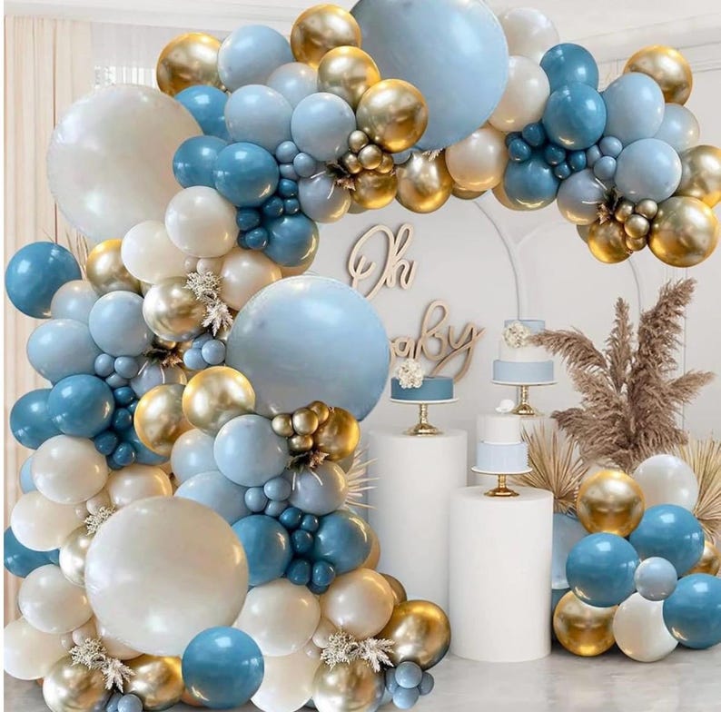 Dusty Blue Balloons Garland Kit, Fog Blue Royal Blue Pastel Blue Sand White Metallic Gold latex Balloons for Boy Baby Shower Bridal Shower