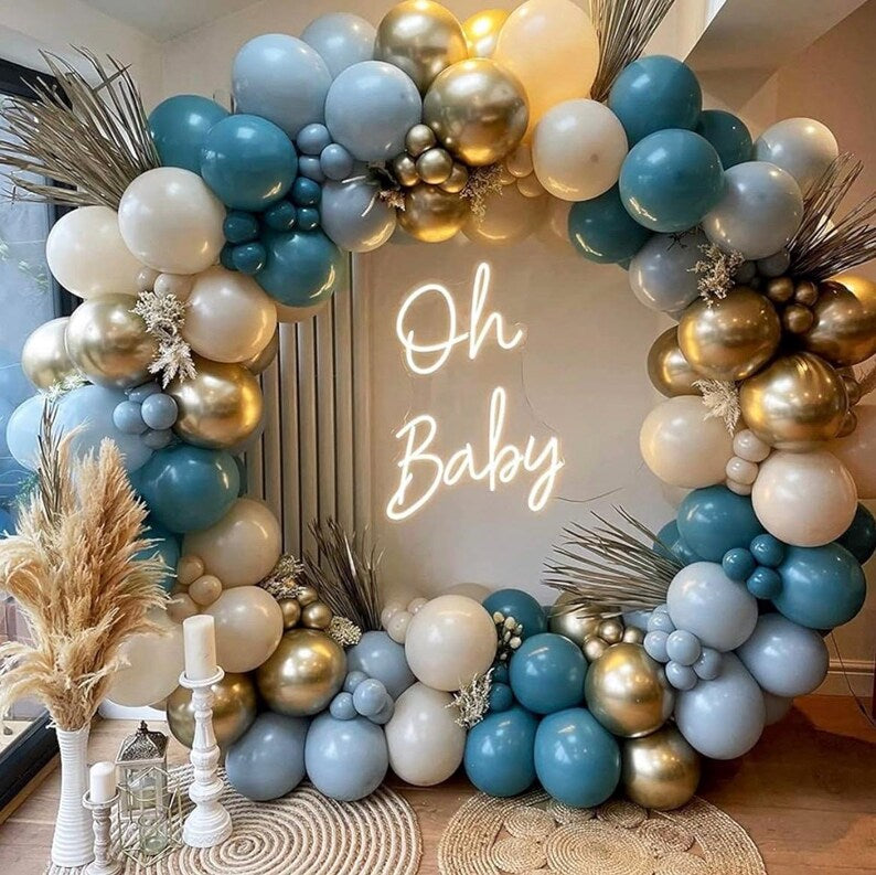 Dusty Blue Balloons Garland Kit, Fog Blue Royal Blue Pastel Blue Sand White Metallic Gold latex Balloons for Boy Baby Shower Bridal Shower