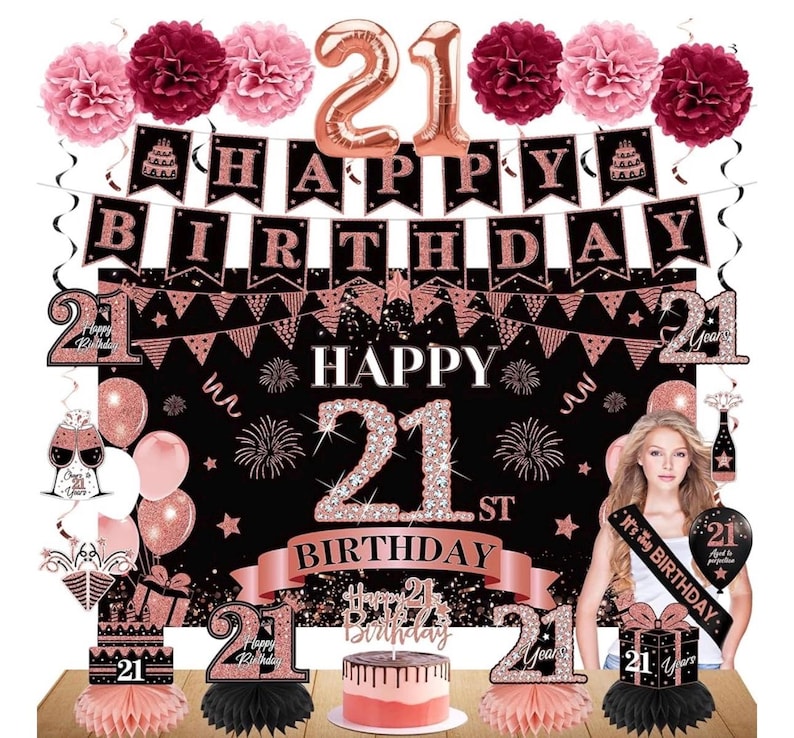 42PCS 21st Birthday Decorations Kit for Girls Women, Rose Gold Happy 21st Bday Banner Balloon Honeycomb Centerpiece Swirl Paper Pompom Party