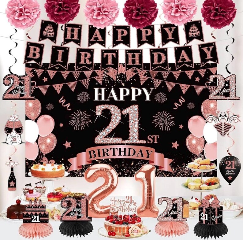 42PCS 21st Birthday Decorations Kit for Girls Women, Rose Gold Happy 21st Bday Banner Balloon Honeycomb Centerpiece Swirl Paper Pompom Party