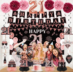 42PCS 21st Birthday Decorations Kit for Girls Women, Rose Gold Happy 21st Bday Banner Balloon Honeycomb Centerpiece Swirl Paper Pompom Party