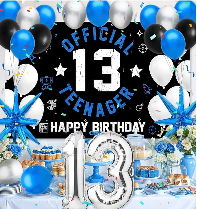 13th Birthday Decoration Set for Boys Girls, Official Teenager 13 Birthday Party Banner Backdrop, Large 13 Foil Balloons, Explosion Star