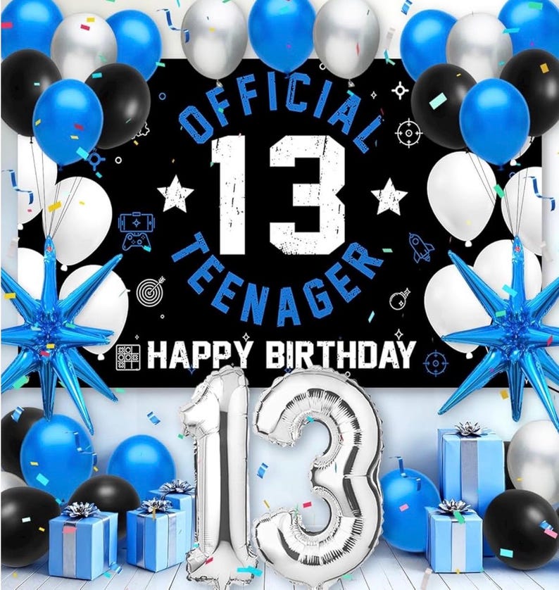 13th Birthday Decoration Set for Boys Girls, Official Teenager 13 Birthday Party Banner Backdrop, Large 13 Foil Balloons, Explosion Star