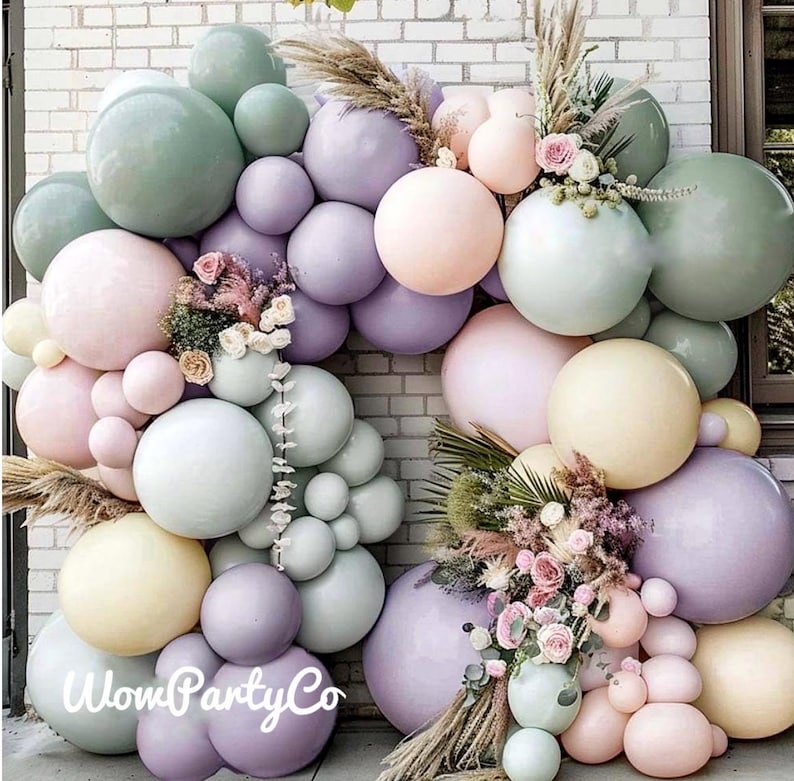 Dusty Green Purple Pink Balloon Garland Double Stuffed Lavender Light Mist Green Ivory Pastel Balloon Arch Kit with Lilac Blush Color