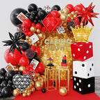 144PCS Dice Favor Boxes Casino Theme Party Decorations , Casino Balloon Arch Garland Kit Red Black Gold Dice Crown Poker Foil Balloons