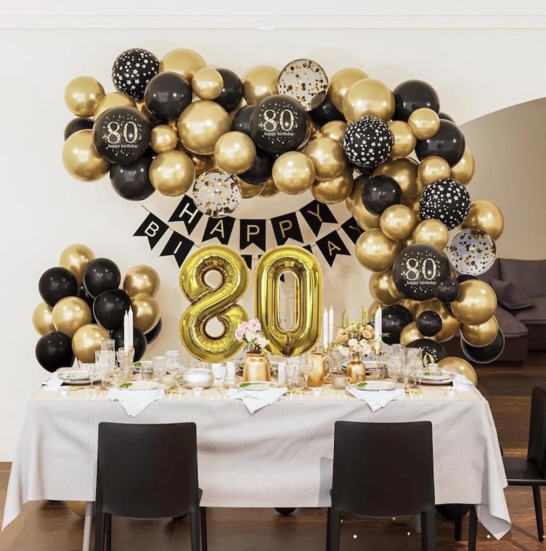 80th Birthday Decorations for Men Women, Black and Gold 80th Birthday Balloons Set Party Decorations with Happy 80th Birthday Decorations