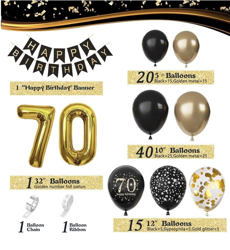 70th Birthday Decorations Men Women, Black and Gold 70th Birthday Balloons Set Party Decorations with Happy 70th Birthday Decorations Banner