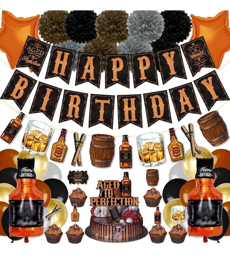 Whiskey Birthday Party Decorations for Men - Aged to Perfection Supplies including Birthday Banner, Cake Toppers,Foil Balloons,Paper Flowers