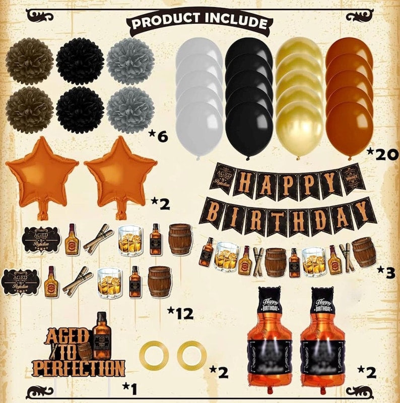 Whiskey Birthday Party Decorations for Men - Aged to Perfection Supplies including Birthday Banner, Cake Toppers,Foil Balloons,Paper Flowers