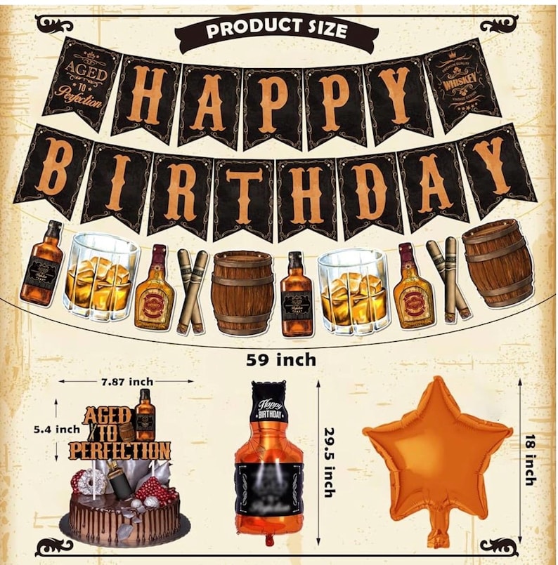 Whiskey Birthday Party Decorations for Men - Aged to Perfection Supplies including Birthday Banner, Cake Toppers,Foil Balloons,Paper Flowers