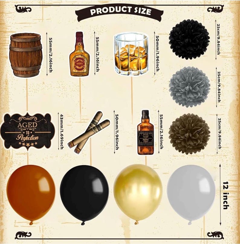 Whiskey Birthday Party Decorations for Men - Aged to Perfection Supplies including Birthday Banner, Cake Toppers,Foil Balloons,Paper Flowers