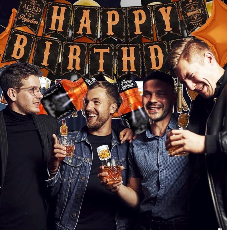 Whiskey Birthday Party Decorations for Men - Aged to Perfection Supplies including Birthday Banner, Cake Toppers,Foil Balloons,Paper Flowers