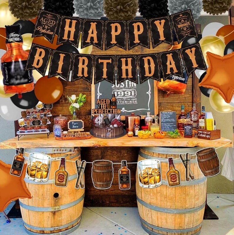 Whiskey Birthday Party Decorations for Men - Aged to Perfection Supplies including Birthday Banner, Cake Toppers,Foil Balloons,Paper Flowers