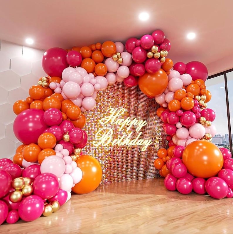 Pink and Orange Balloon Arch Kit, 161Pcs Hot Pink Orange Metallic Gold Latex Balloon Garland kit, 18 12 10 5 Inch Different Size Balloons