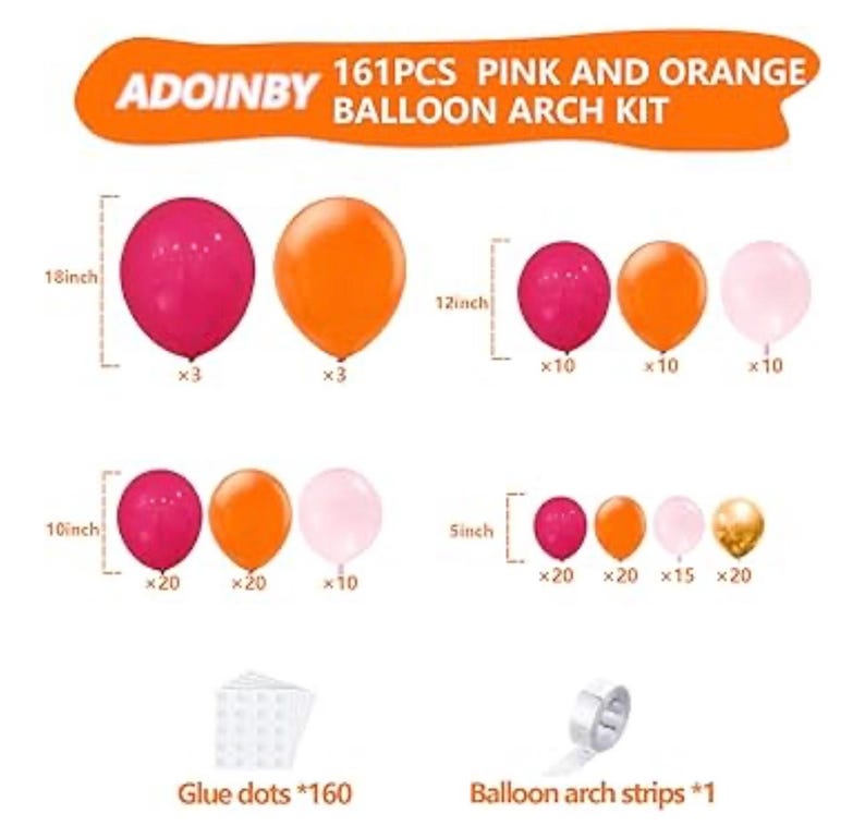 Pink and Orange Balloon Arch Kit, 161Pcs Hot Pink Orange Metallic Gold Latex Balloon Garland kit, 18 12 10 5 Inch Different Size Balloons