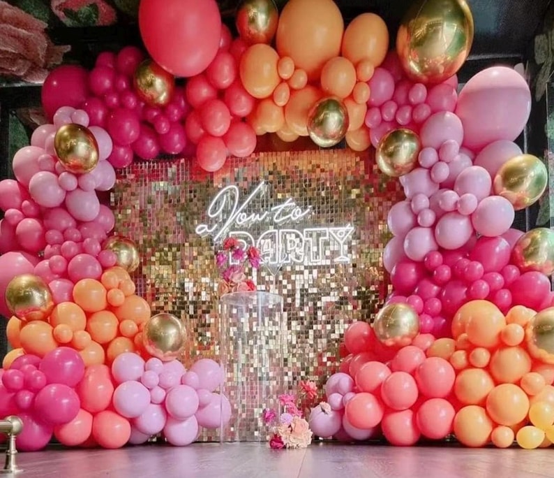 Pink and Orange Balloon Arch Kit, 161Pcs Hot Pink Orange Metallic Gold Latex Balloon Garland kit, 18 12 10 5 Inch Different Size Balloons