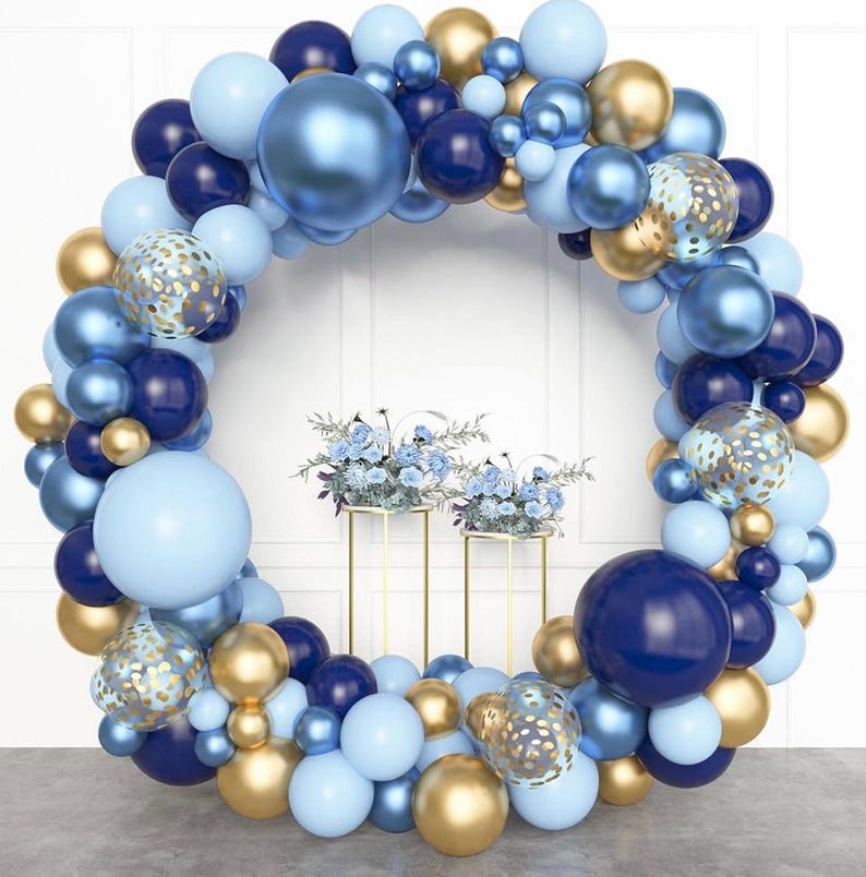 153pcs Navy Blue Gold Balloon Garland Arch Kit, Different Sizes 18 12 10 5 inch Pastel Blue Latex Metallic Confetti Balloons for Graduation