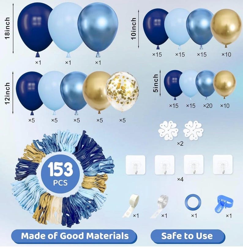 153pcs Navy Blue Gold Balloon Garland Arch Kit, Different Sizes 18 12 10 5 inch Pastel Blue Latex Metallic Confetti Balloons for Graduation