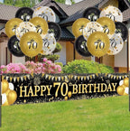 70th Birthday Decorations for Men Women, Black Gold 70th Birthday Yard Banner and 70th Happy Birthday Balloons for 70th Birthday Party Decor