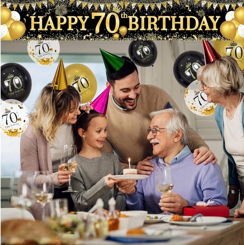 70th Birthday Decorations for Men Women, Black Gold 70th Birthday Yard Banner and 70th Happy Birthday Balloons for 70th Birthday Party Decor