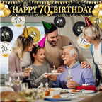 70th Birthday Decorations for Men Women, Black Gold 70th Birthday Yard Banner and 70th Happy Birthday Balloons for 70th Birthday Party Decor