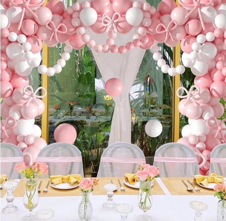Pink Balloon Garland Arch Kit,Coquette Birthday Decorations 176Pcs Pink Bow Long Balloons Pink and White Balloons Different Size for Wedding