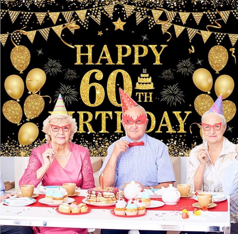 60th Birthday Decorations for Men Women - Happy 60th Birthday Banner Party decorations Cheers to 60 Years Birthday Party Suppiles Black Gold