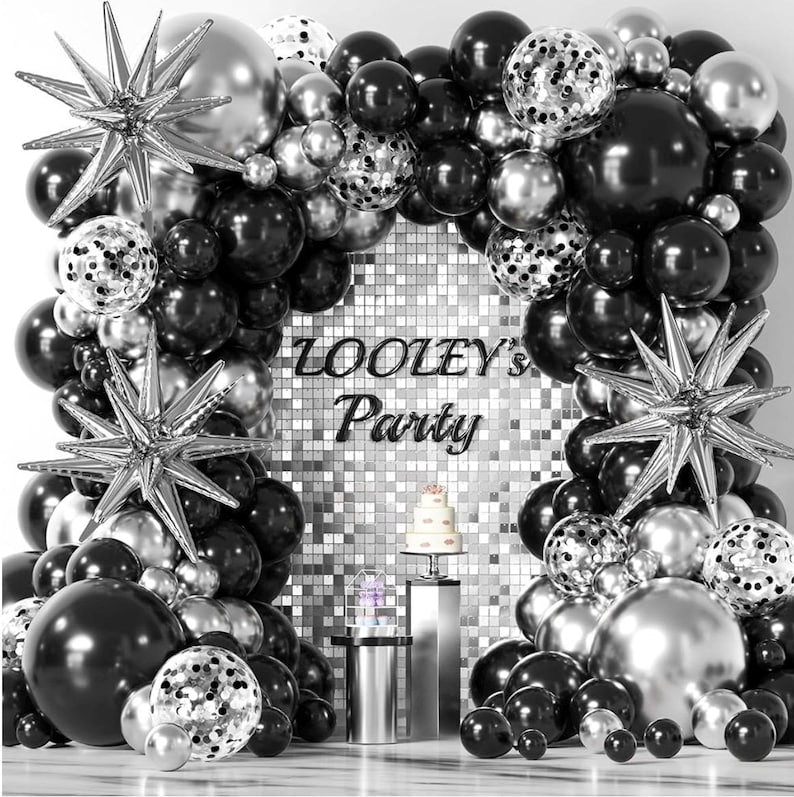 137Pcs Black and Silver Balloons Garland Arch Kit with Stars - 5 10 12 18 in Black Silver Confetti Latex Party Balloons for 2026 Graduation